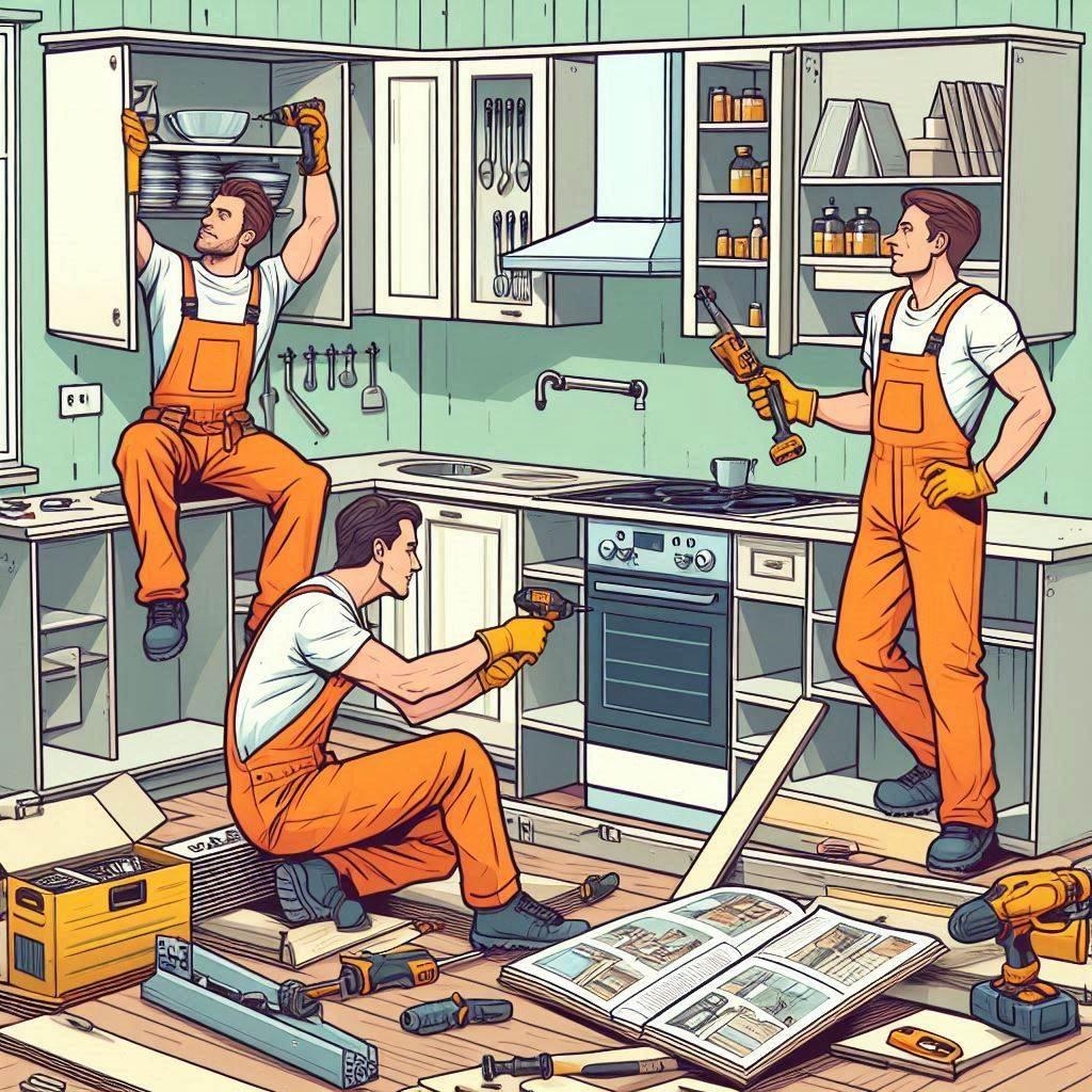 Comiczeichnung von Handwerkern in einer Küche