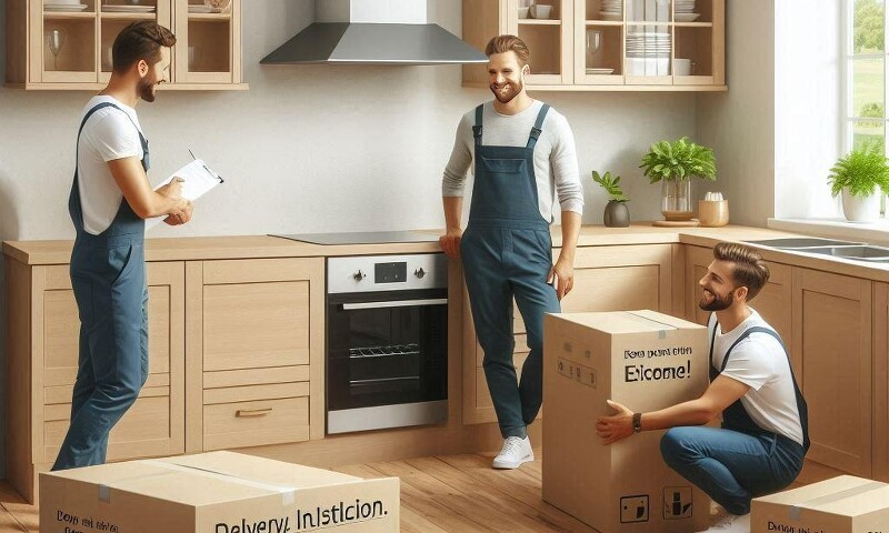 Zeichnung Männer in der fertig montierten Küche