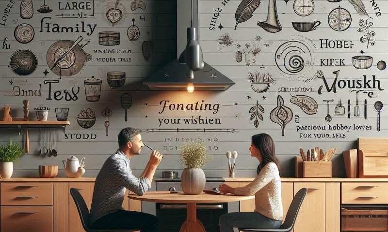 Mann und Frau am Küchentisch vor einer Küchenzeile in Holz mit Abzugshaube