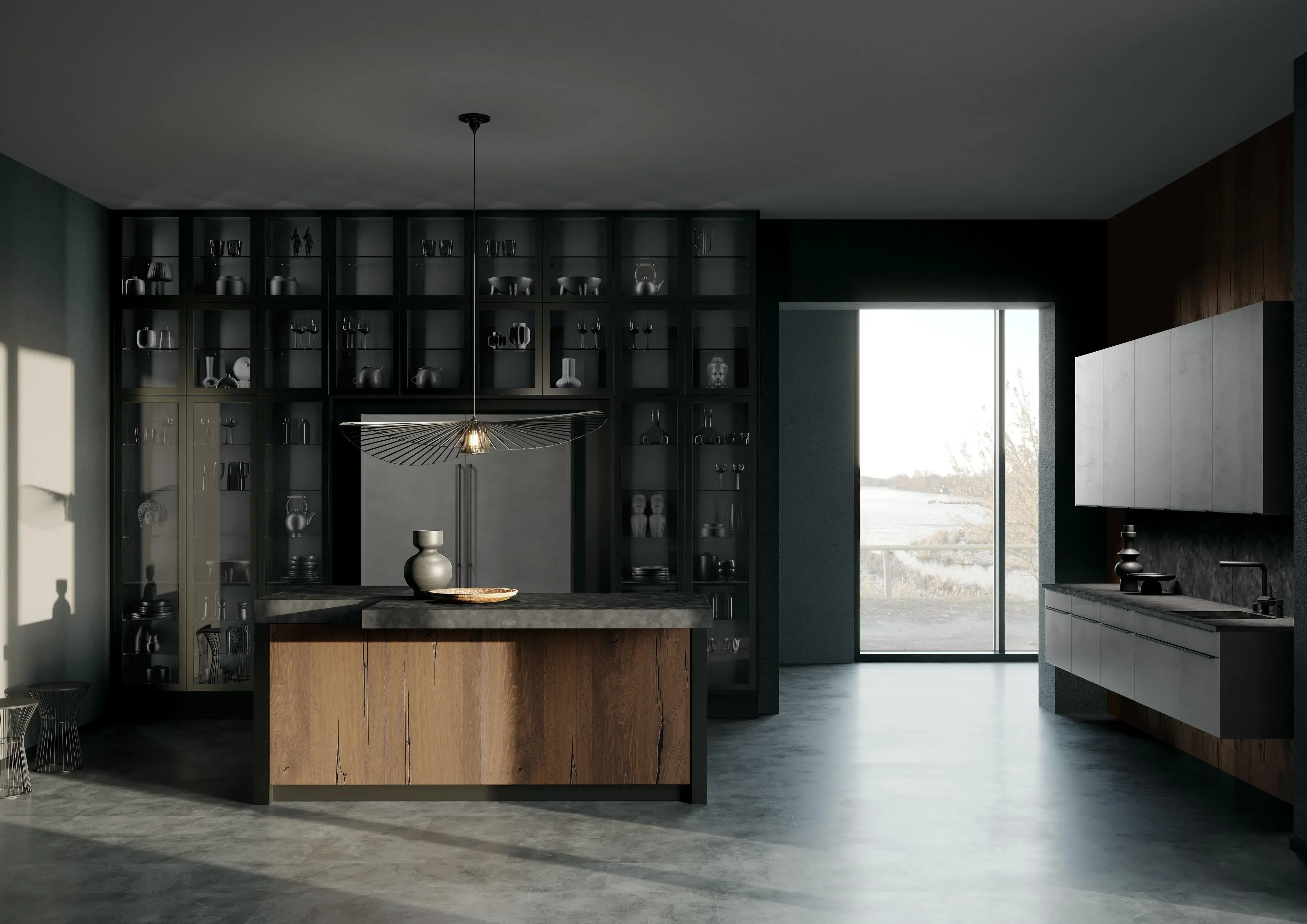 Häcker Küche in Industriestahl mit einer Insel abgesetzt in Holz und Glaselementen